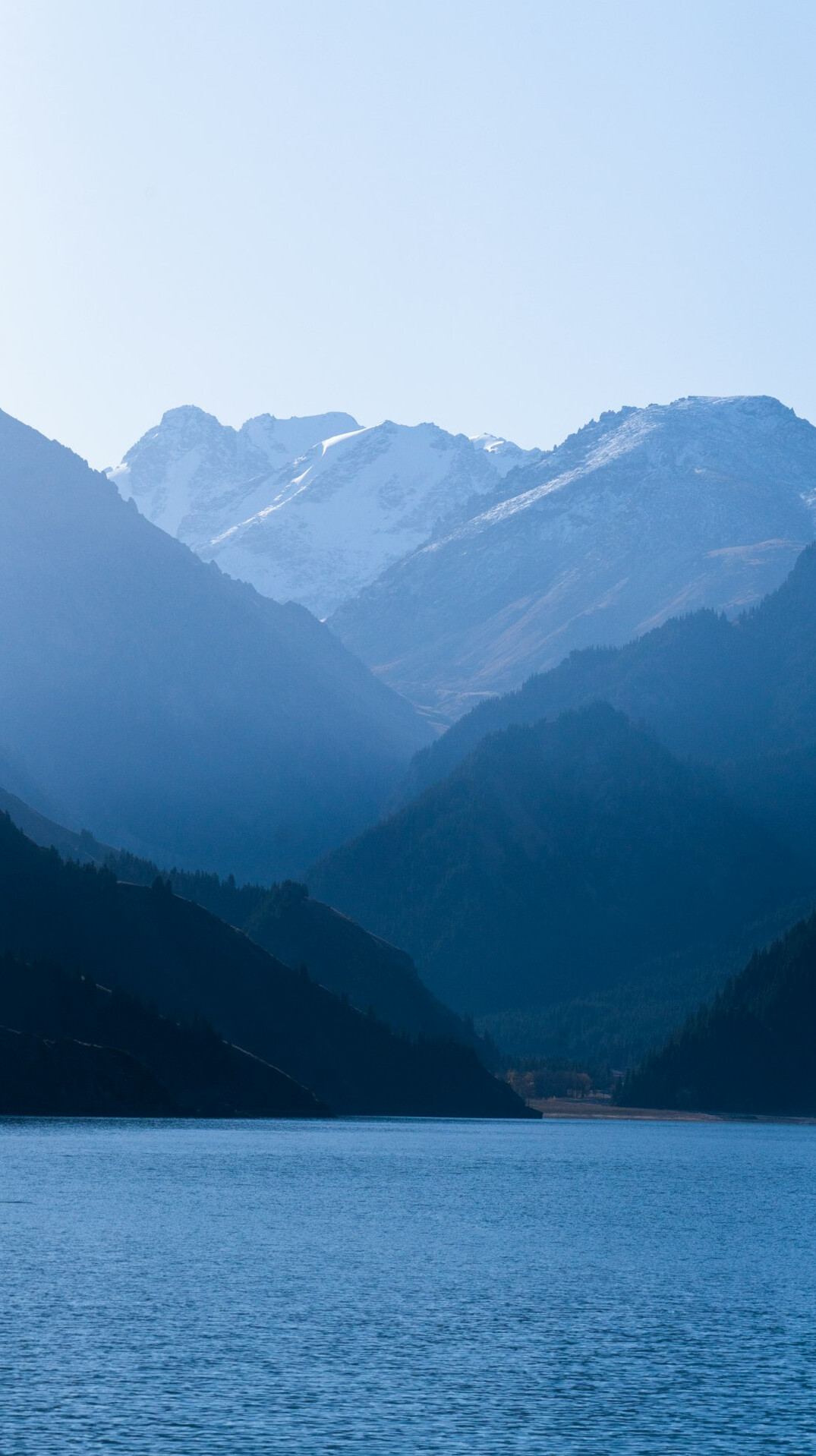 Scenic lake and mountains with a clear blue sky