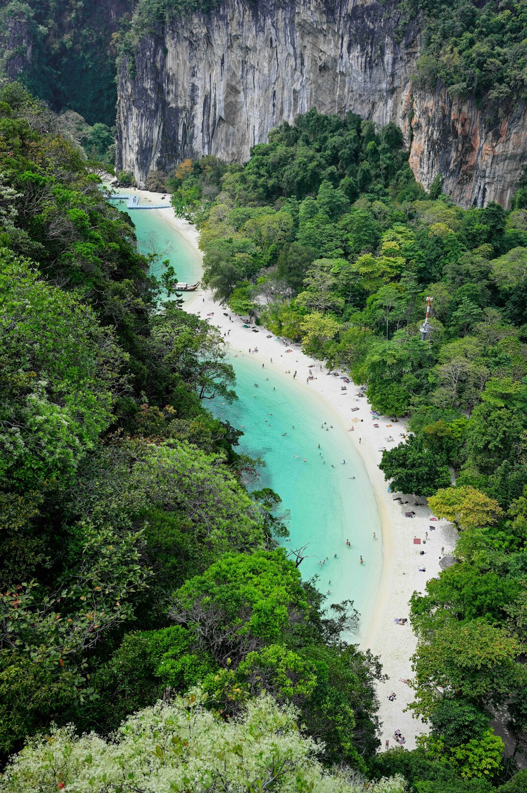 Longtail boats on a tropical beach in Thailand with limestone cliffs